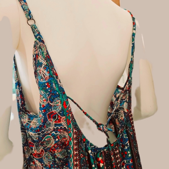 KARMA Hwy Blue Grn Shift Maxi Ruffle Hem Dress OS NWT - Picture 2 of 8